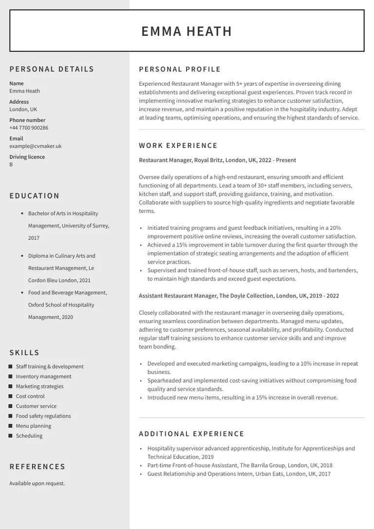 Restaurant Manager CV sample