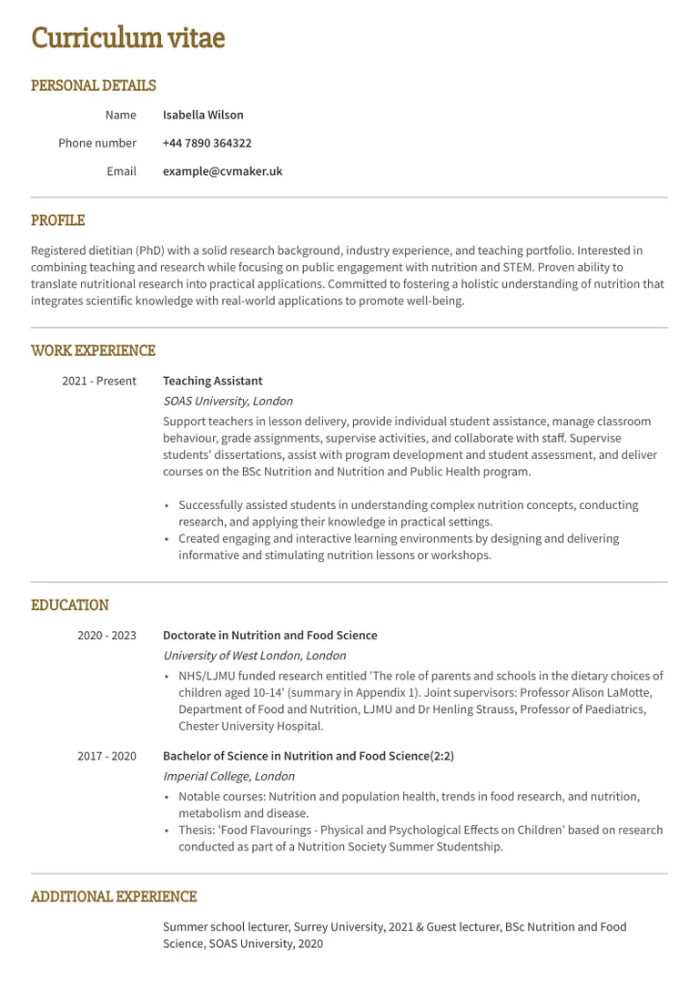 CV example for 3 pages