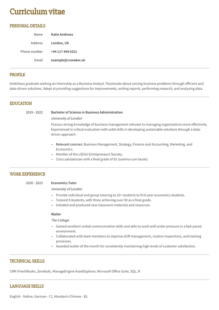 Internship CV example with little to no experience