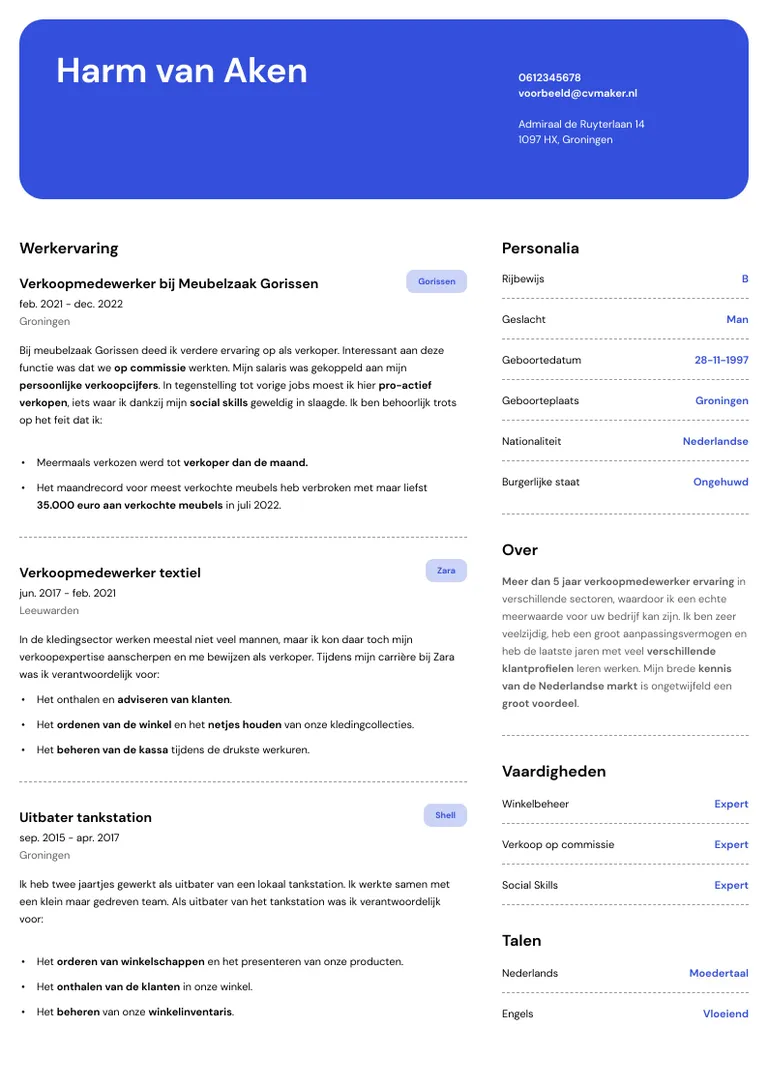 verkoopmedewerker cv-voorbeeld