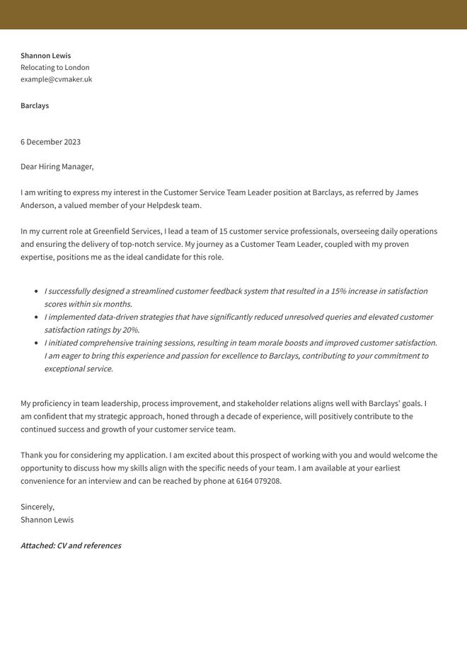 Customer service cover letter sample