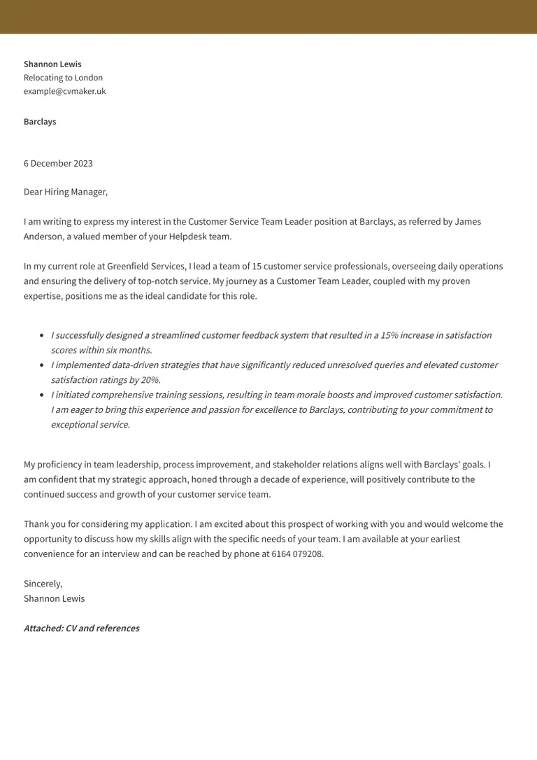 Customer service cover letter sample