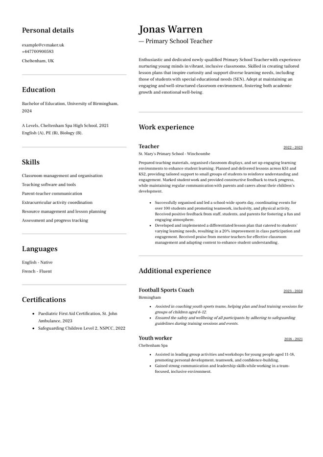 Primary school teacher CV sample