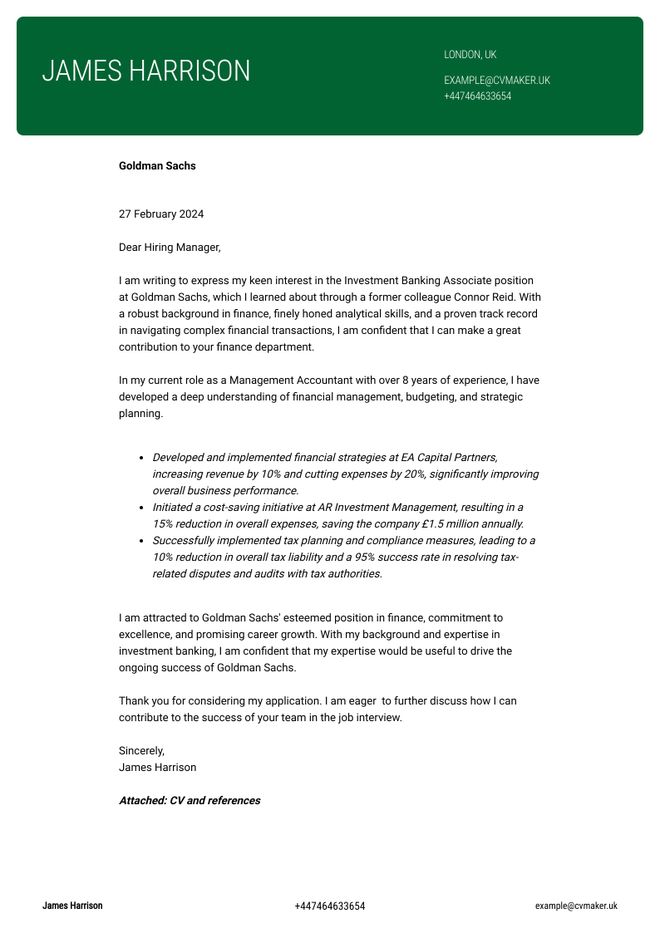 Investment banking cover letter sample