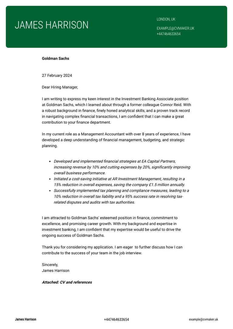 Investment banking cover letter example