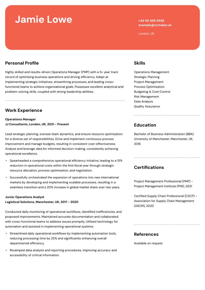 Operations manager CV sample