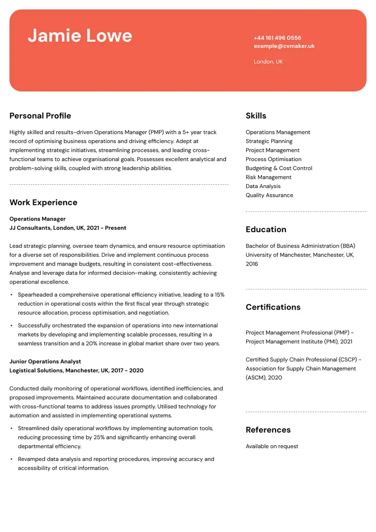 Operations manager CV sample