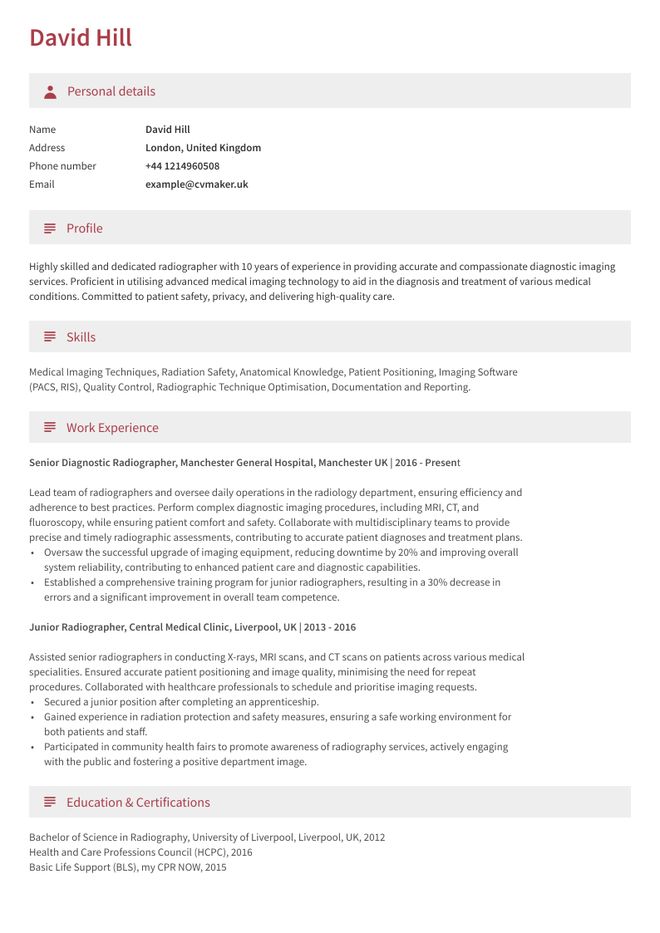Radiographer CV sample