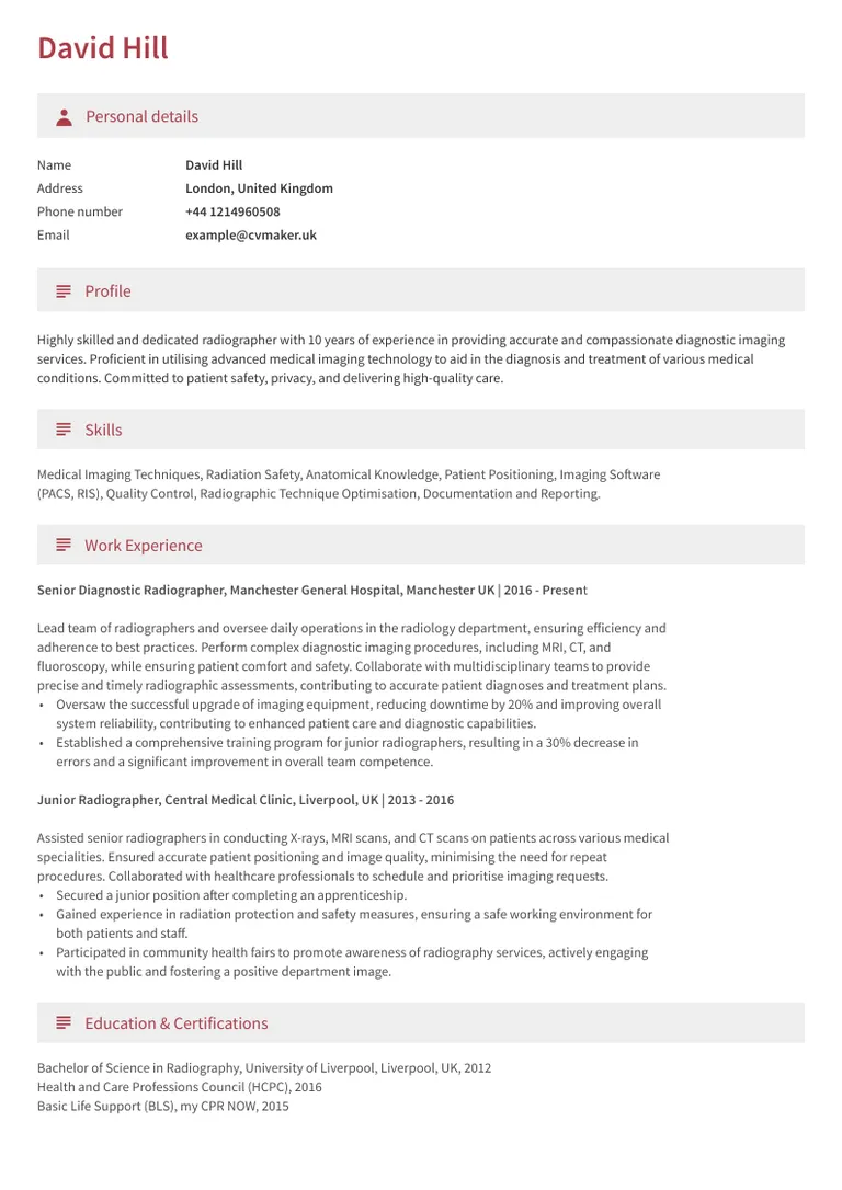 Radiographer CV sample