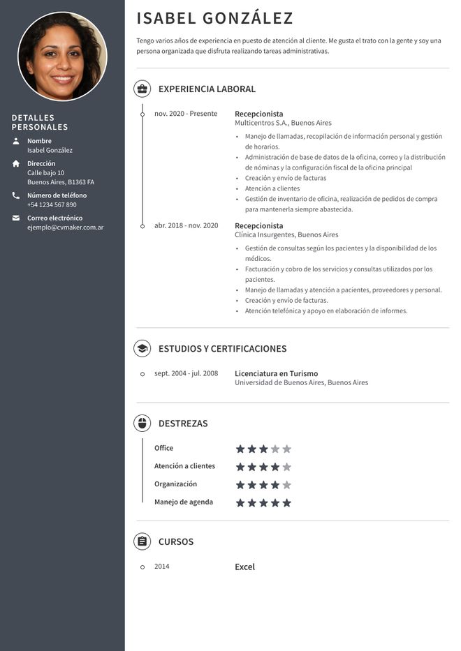 ejemplo CV recepcionista