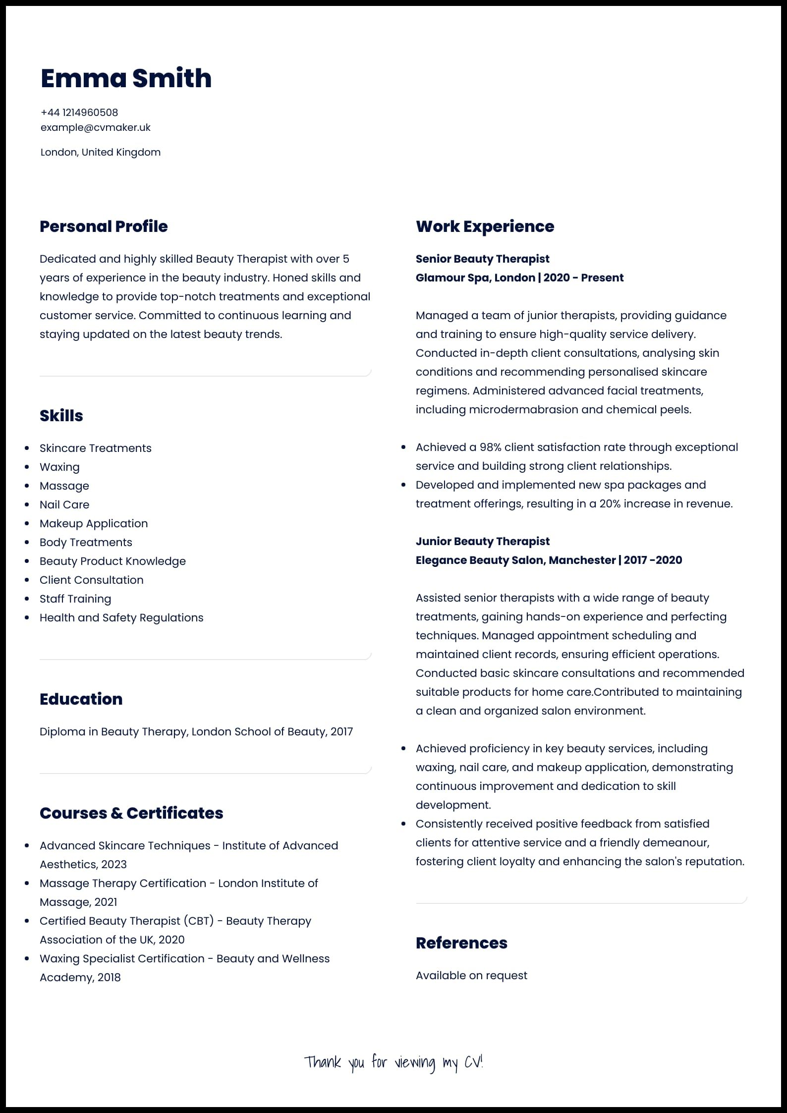 Beauty Therapist CV