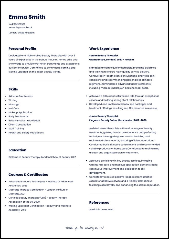 Beauty Therapist CV sample