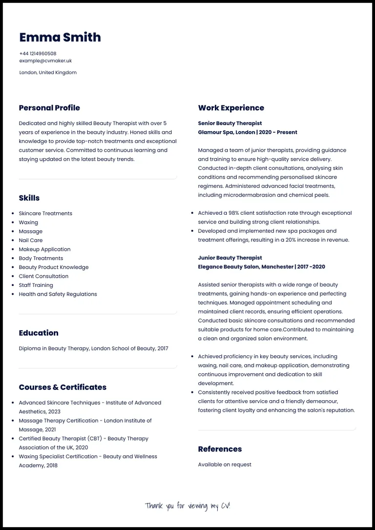Beauty Therapist CV sample