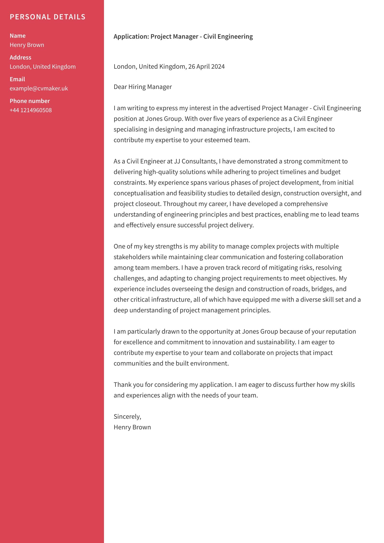 Civil Engineer Cover Letter