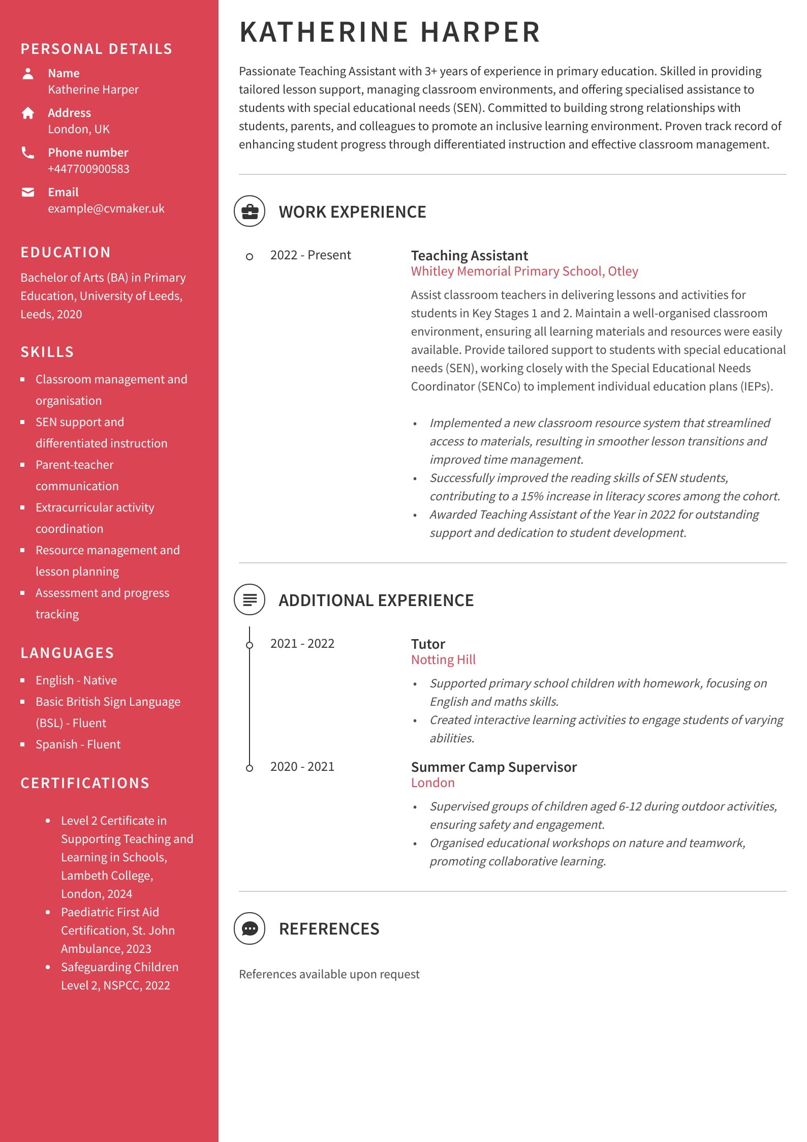 Teaching Assistant CV