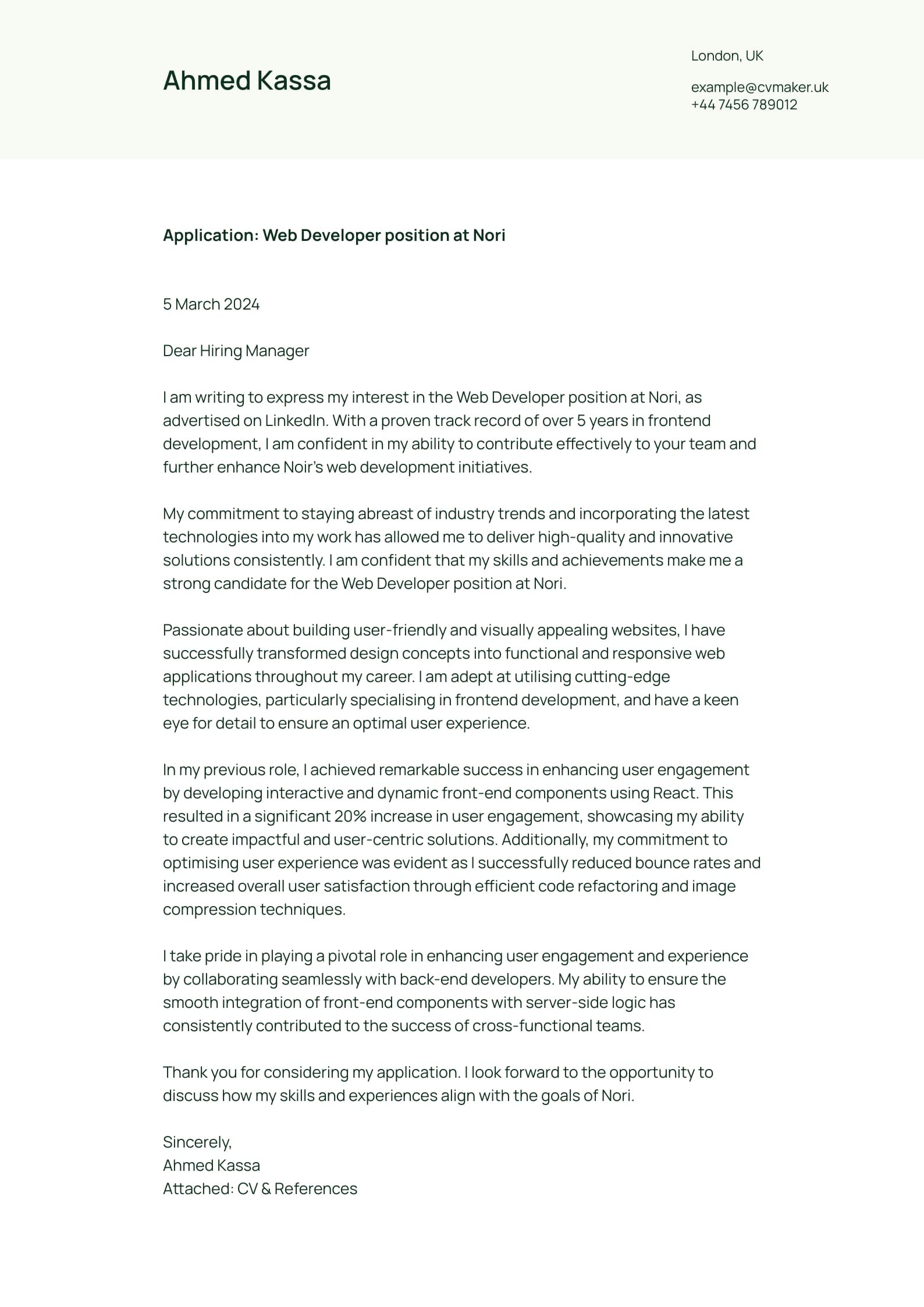 Developer Cover Letter