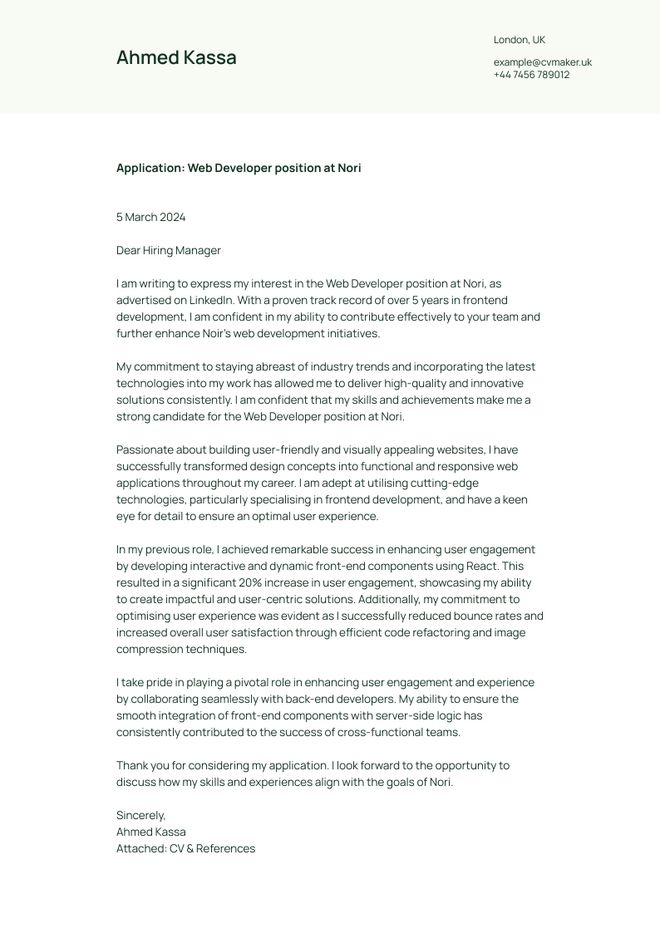 Developer cover letter sample