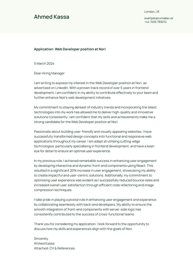 Developer cover letter sample
