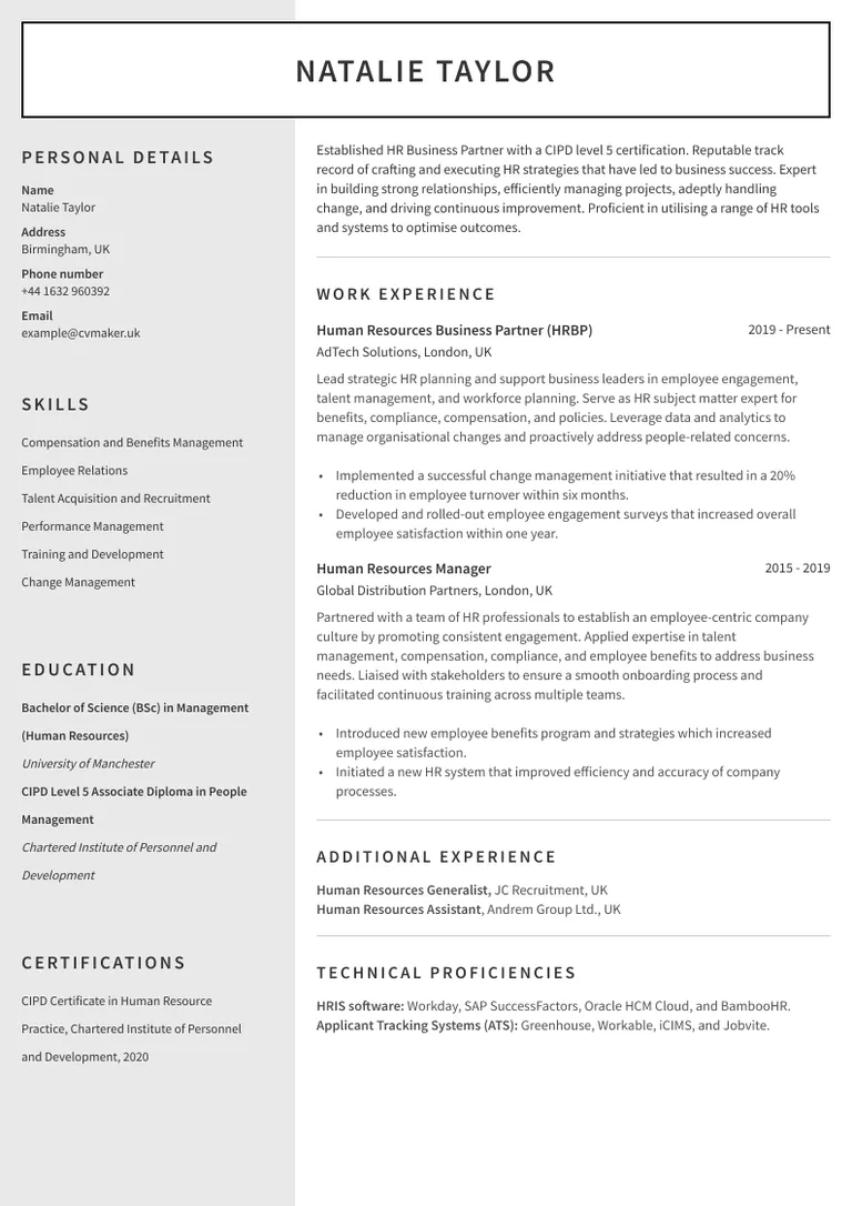 Human Resources CV example