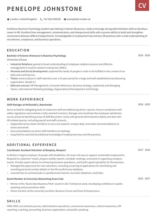 Student CV sample