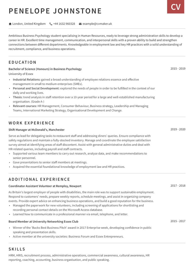 Student CV example with little to no experience
