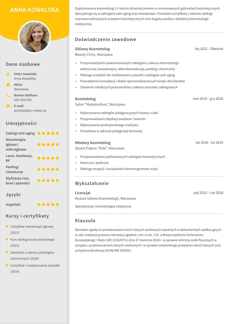CV kosmetyczki/kosmetologa wzór