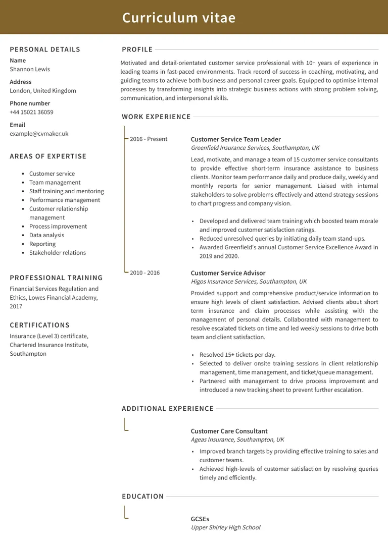 Customer service CV sample
