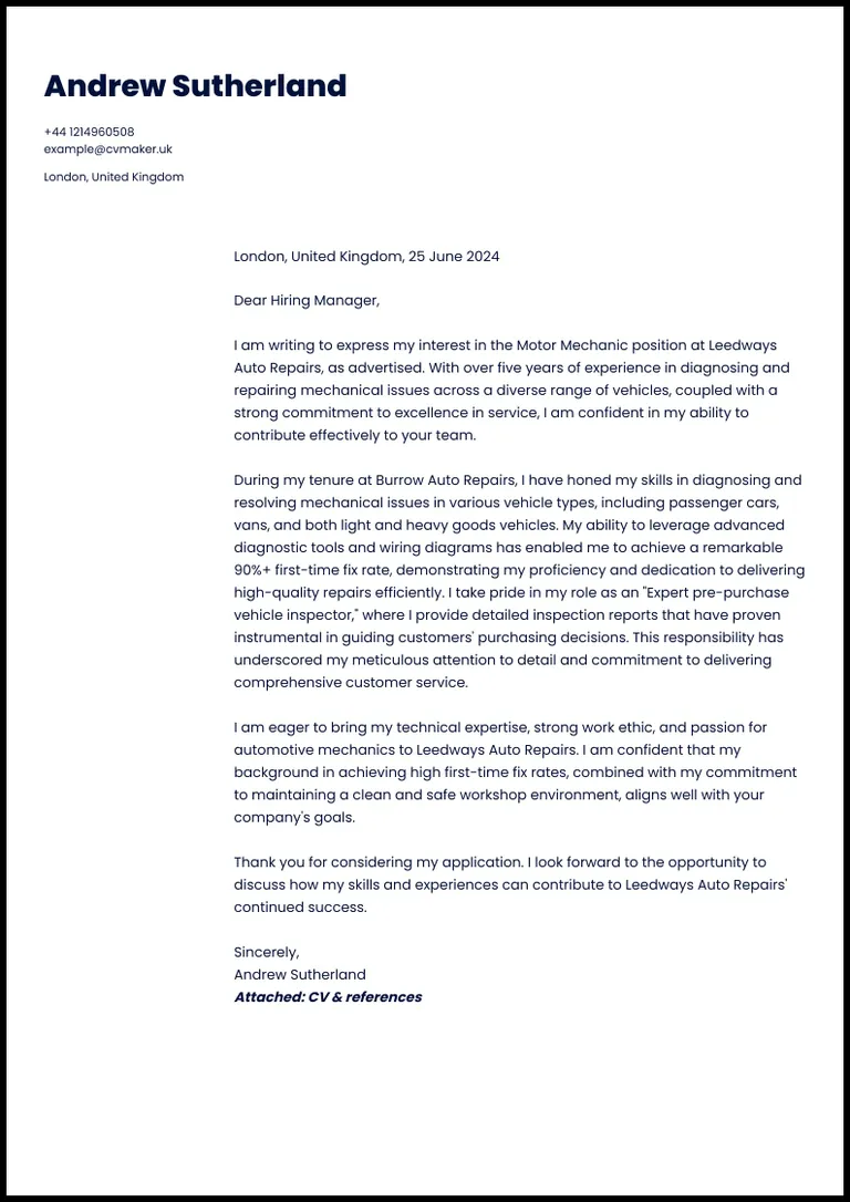 cover letter example - mechanic
