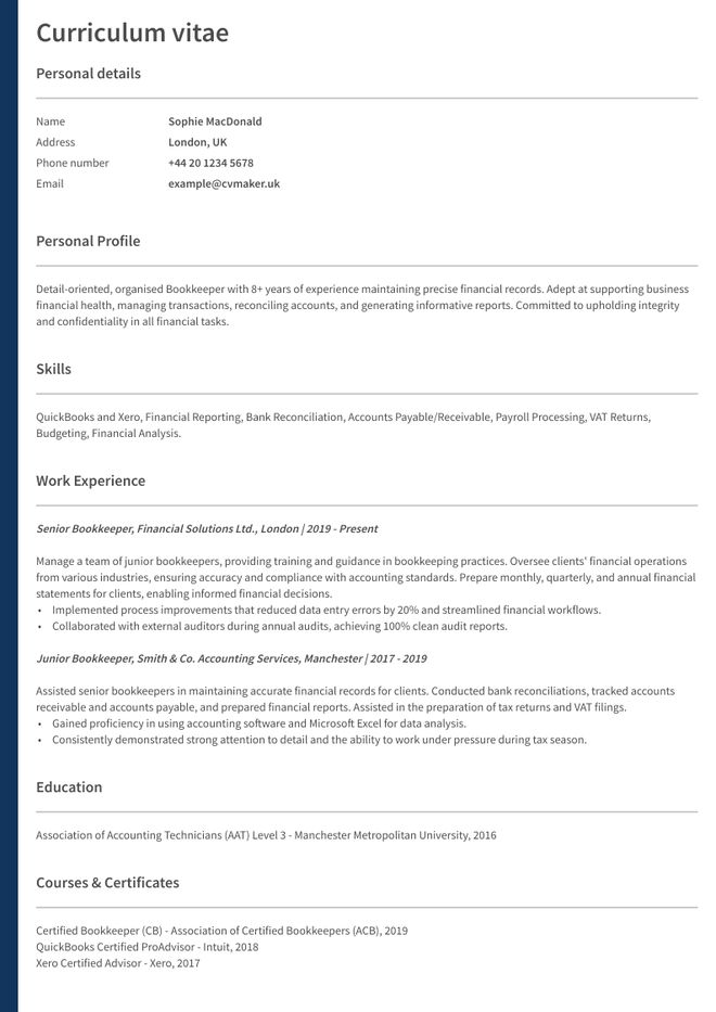 Bookkeeper CV sample