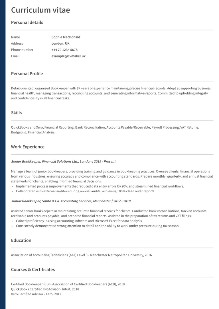 Bookkeeper CV sample