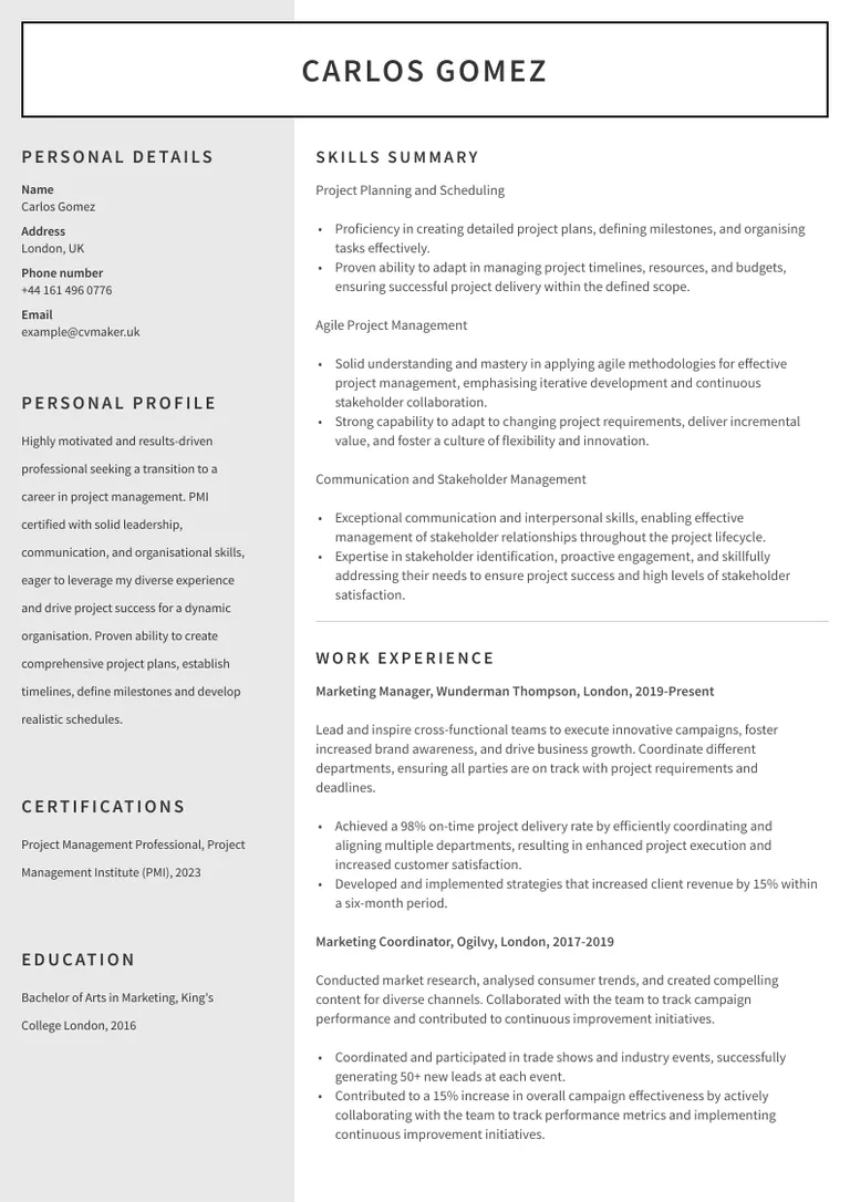 career change CV example