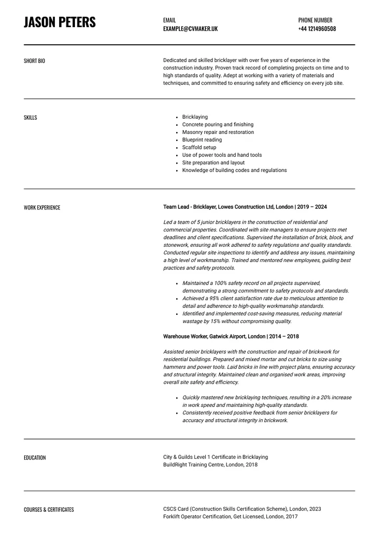 bricklayer CV sample