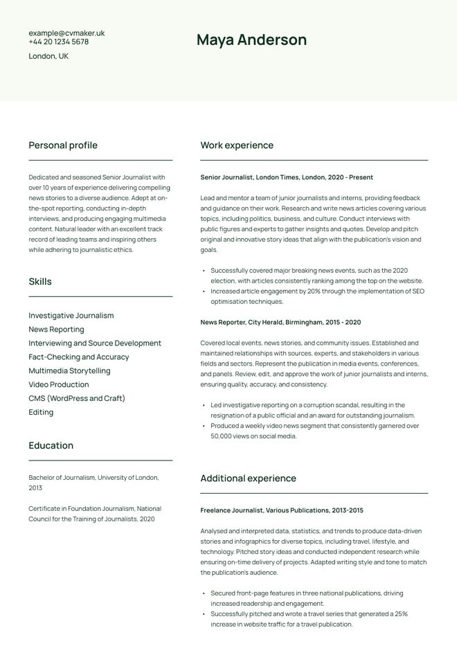 Journalist CV sample