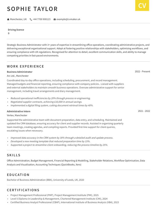 Business Administrator CV  sample