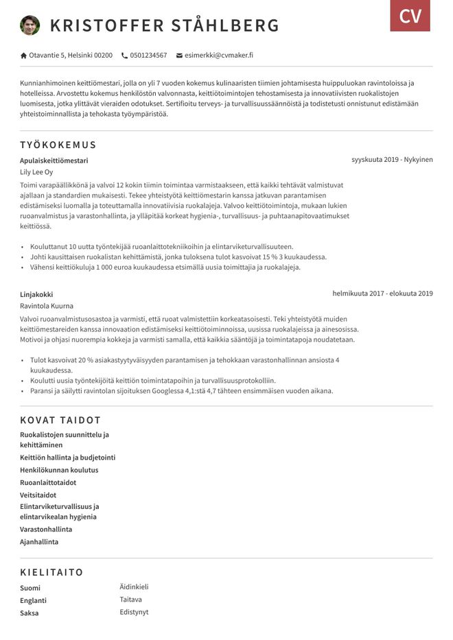 Kokin CV-esimerkki