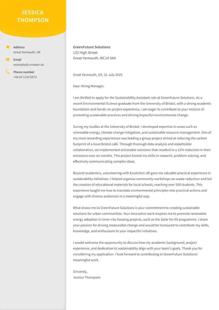 Sustainability cover letter example for a candidate without prior professional experience