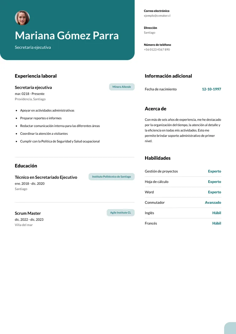 Ejemplo de CV de secretaria
