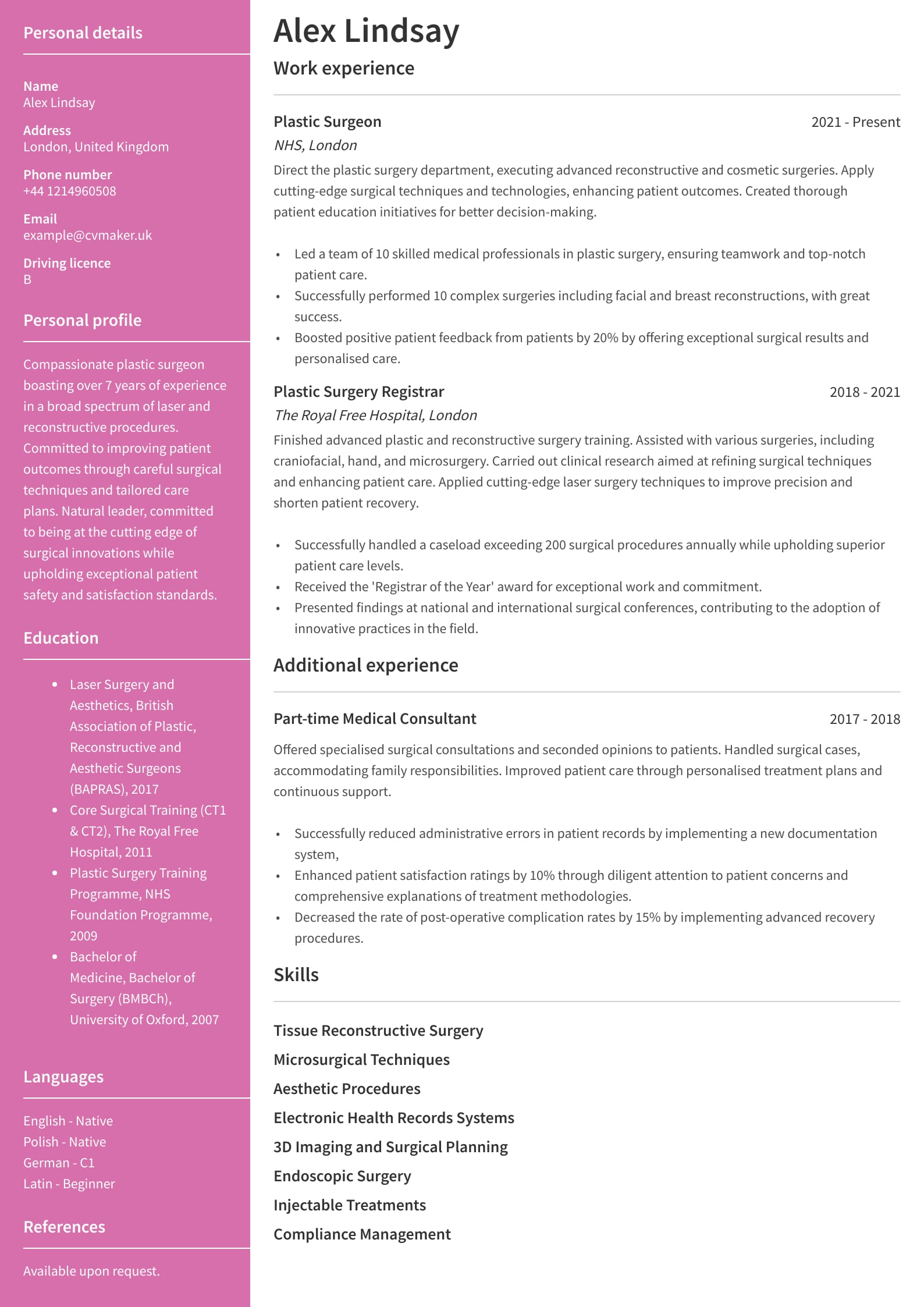 plastic surgeon CV example