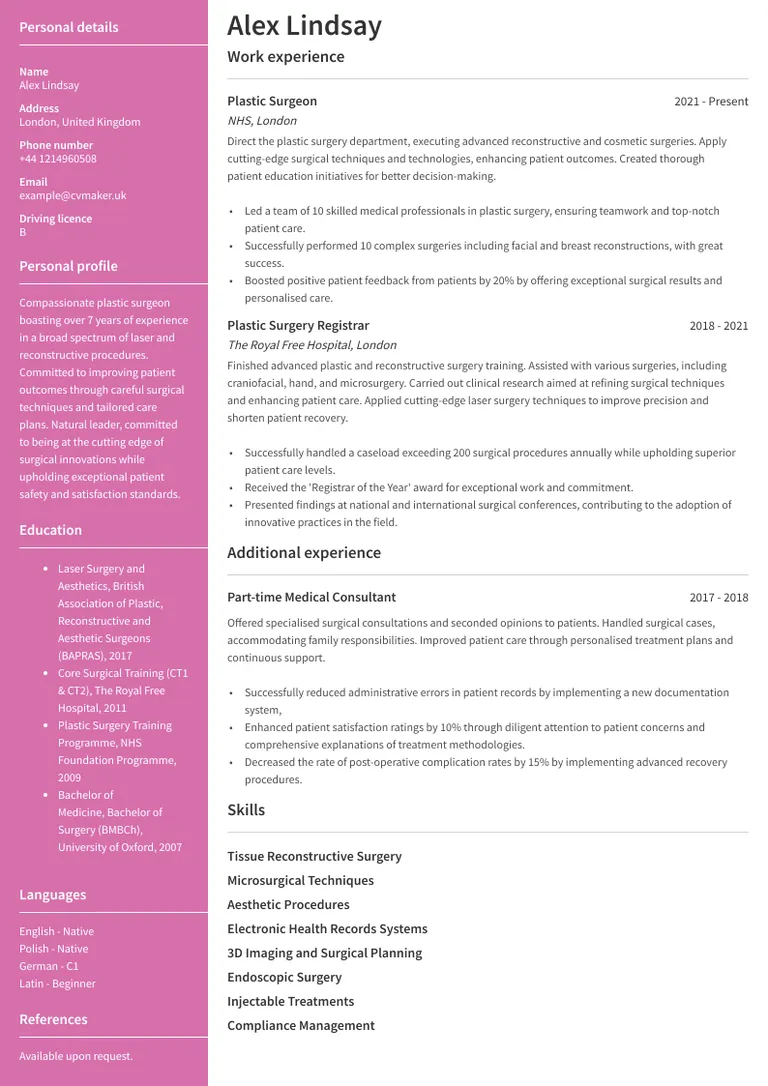plastic surgeon CV example