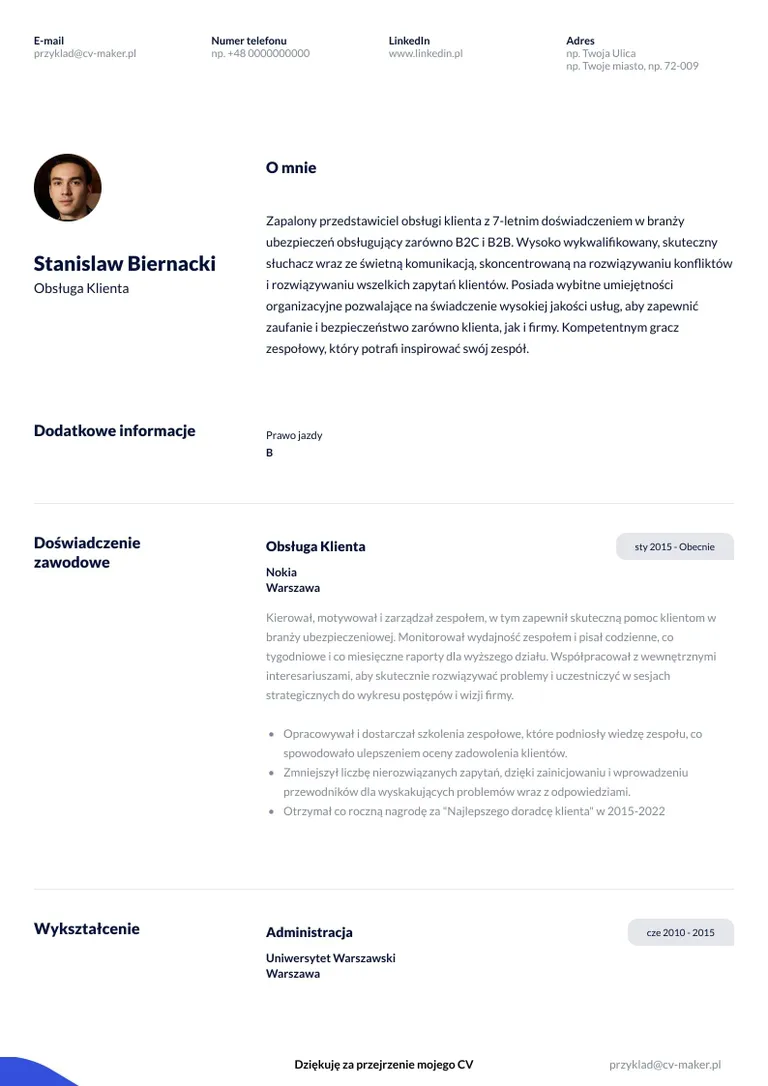 Przykładowe CV dla Obsługi Klienta