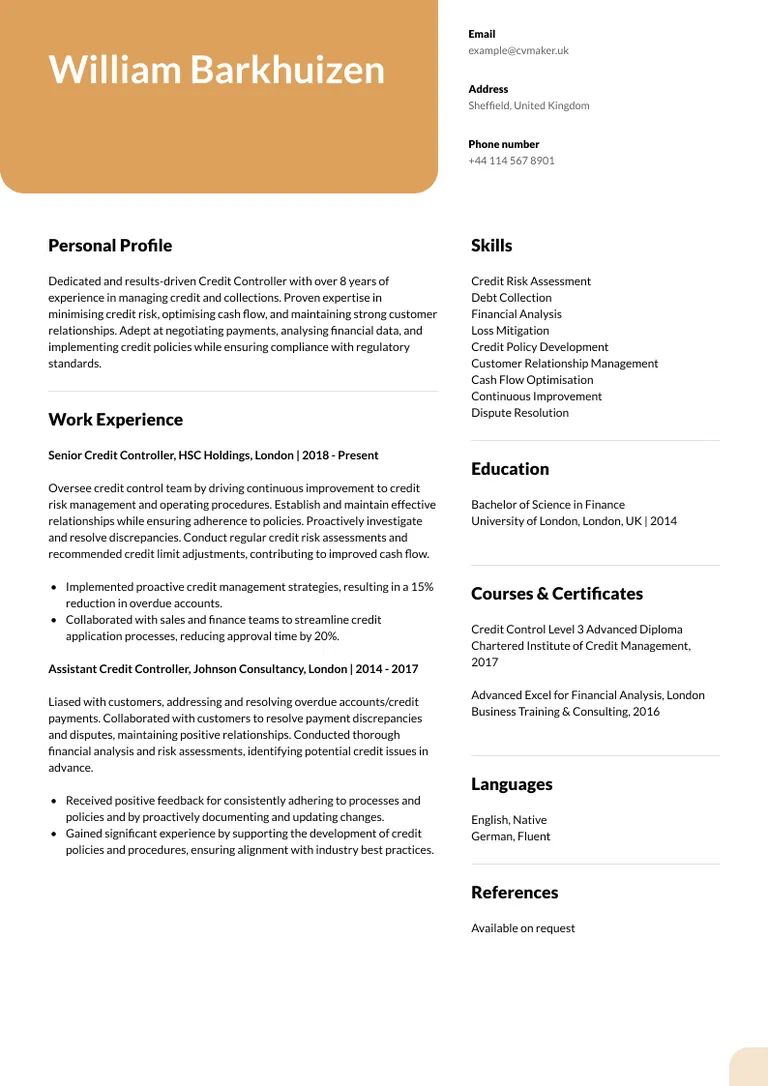 Credit Controller CV sample