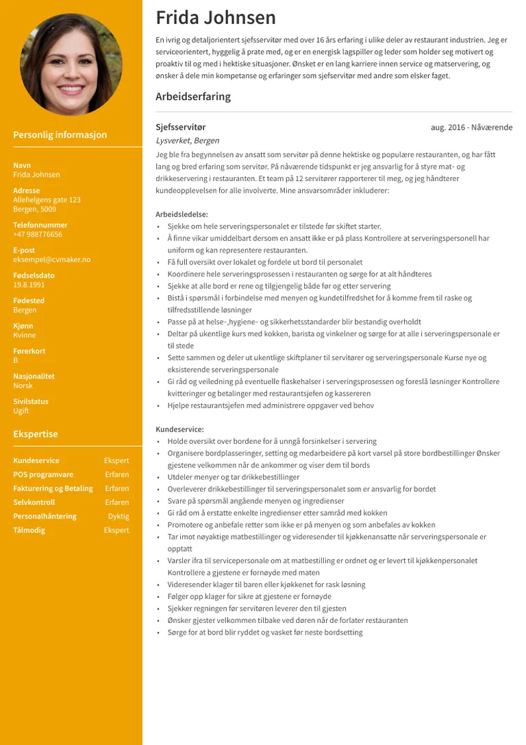 Eksempel på CV for servitør