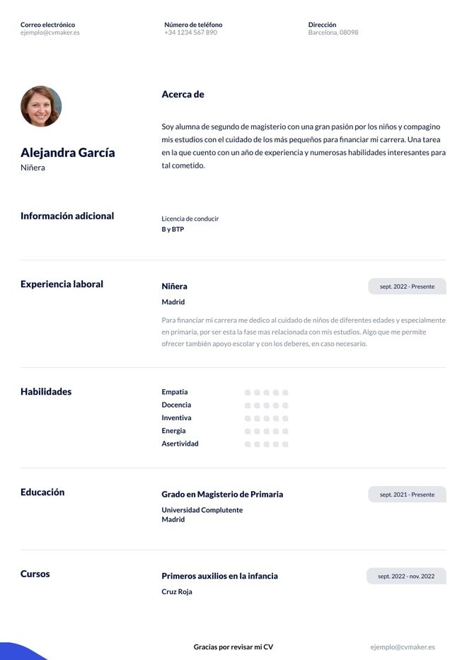 CV ejemplo de niñera