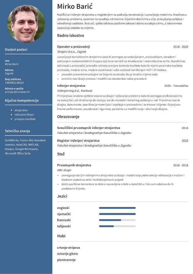 Životopis za inženjeraprimjer