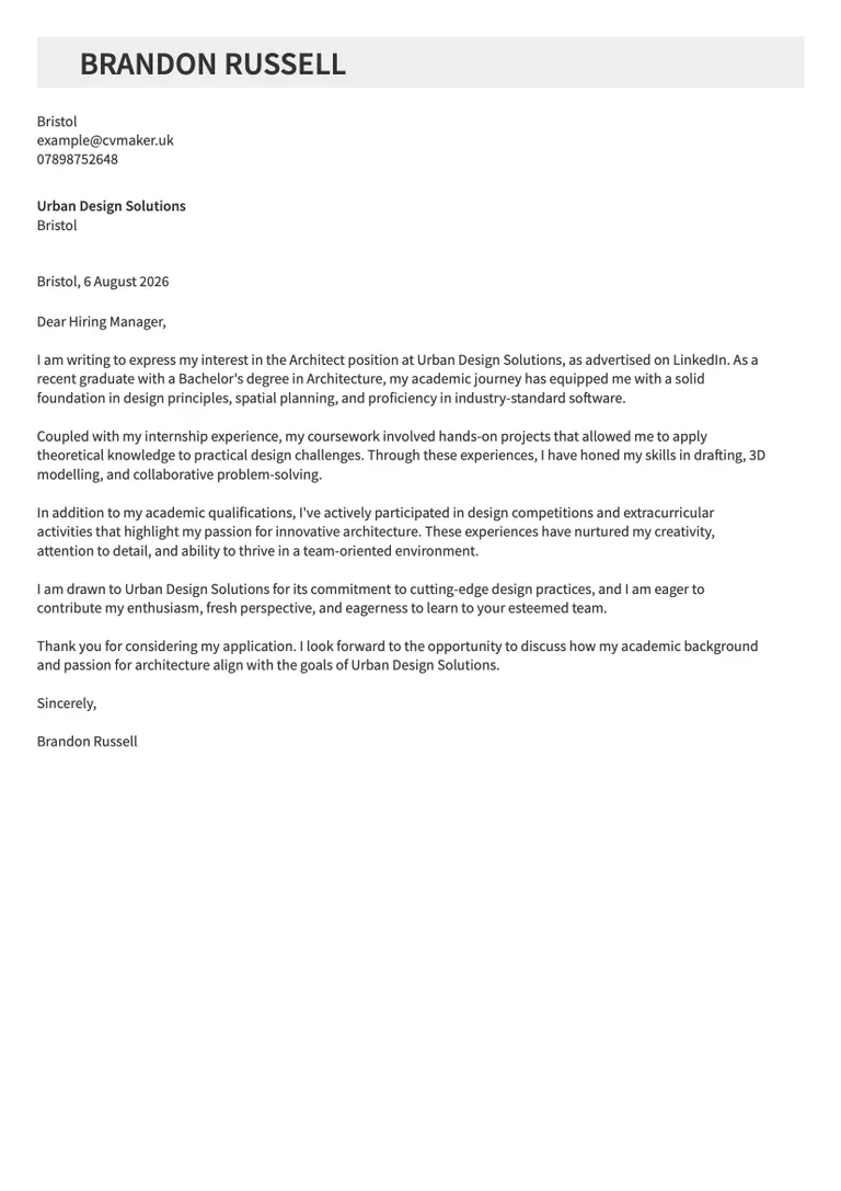 Architect cover letter no experience sample