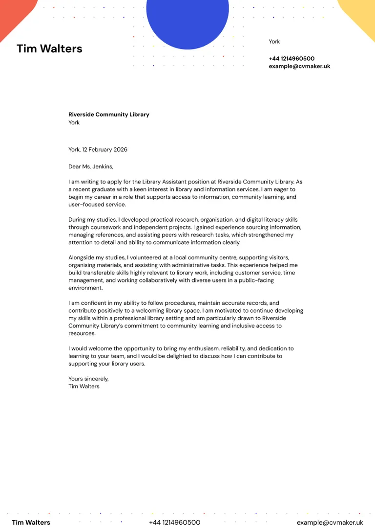 cover letter example for a librarian with no experience