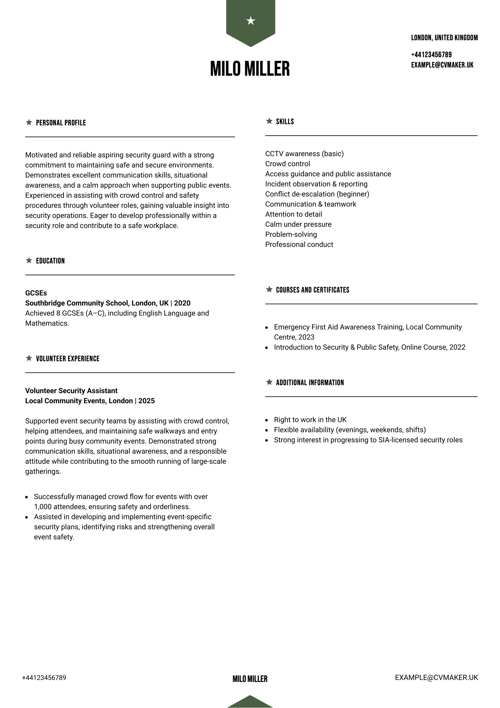 security guard CV example with no experience