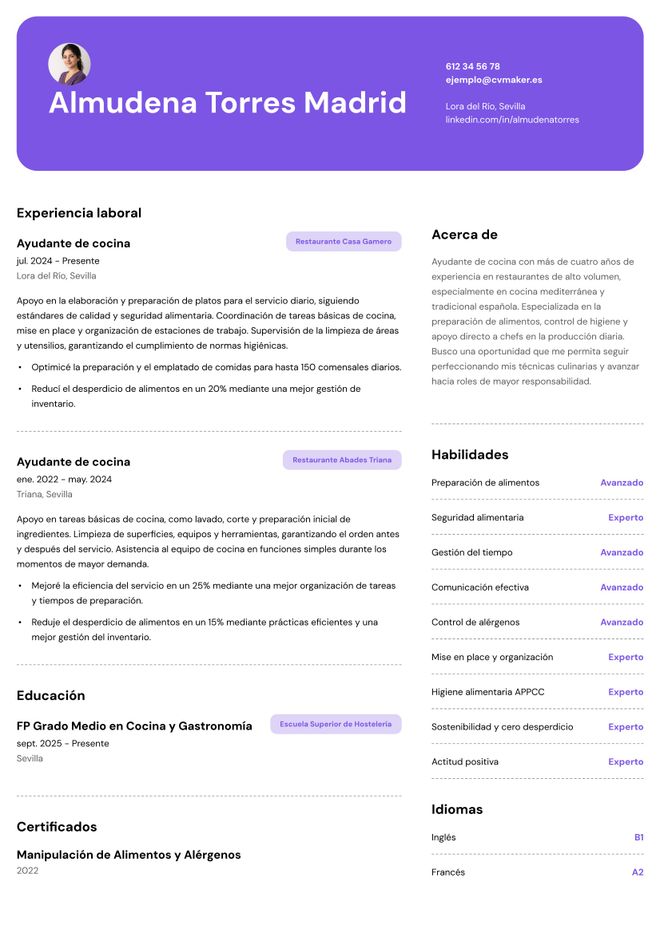 CV de ayudante de cocina