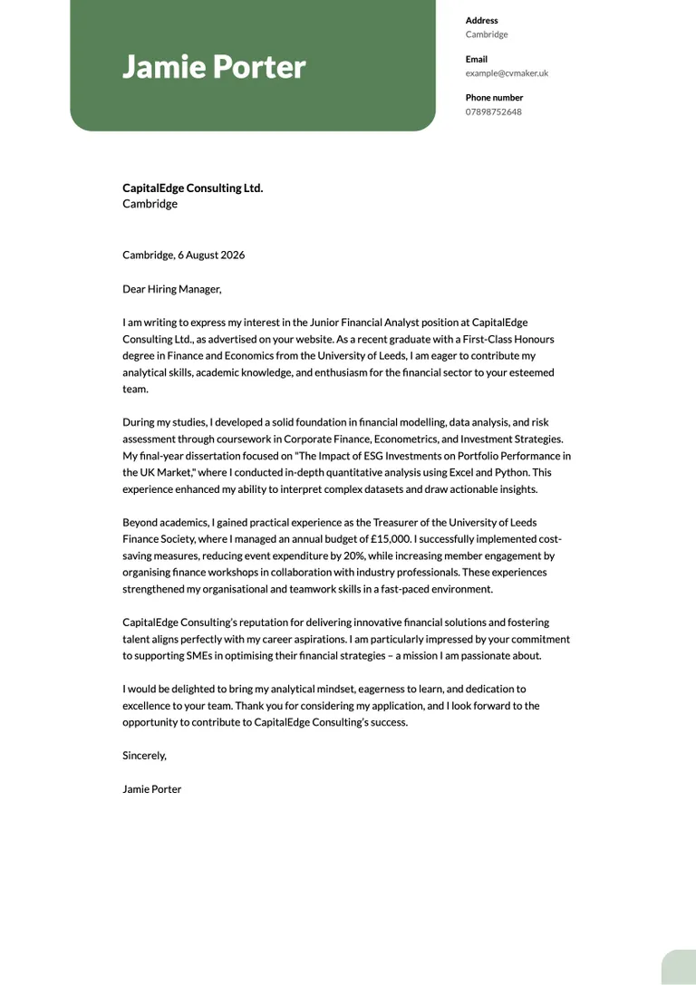 Financial analyst no experience cover letter example