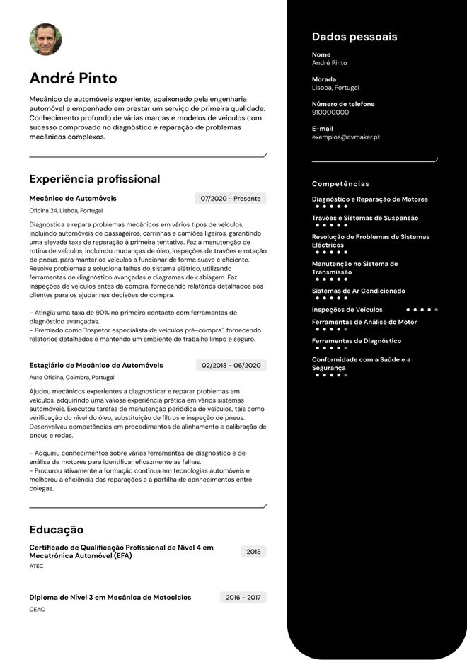 Exemplo de um curriculum vitae de mecânico